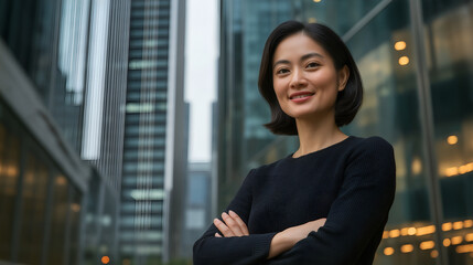 Fototapeta premium Successful asian businesswoman smiling with folded arms in front of skyscrapers