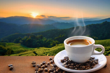 White cup of espresso coffee with roasted coffee beans and mountain farming background. Concept for EU Deforestation or EUDR, regulation environmental policy and drinking coffee in European Union.