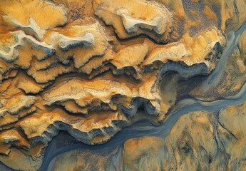 Obraz premium Aerial View of Colorful Stream Patterns and Textured Sand from Above, Showcasing Nature's Intricate Landscapes and Natural Artistry in the Wilderness