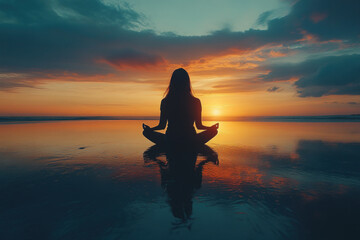 Fototapeta premium Woman meditating in water at sunset, serene and still, surrounded by a warm, golden glow that reflects on the tranquil surface.