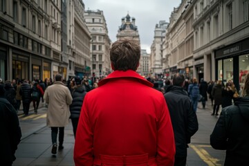 Fototapeta premium Man in a red coat standing in a busy urban street.