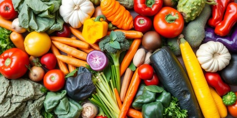 Variety of colorful vegetables and fruits isolated on white background, fresh, produce