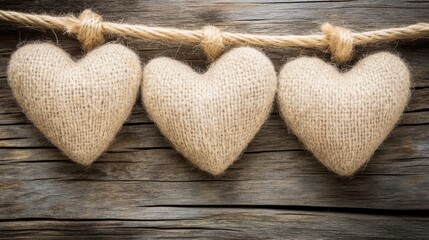 Obraz premium Three hanging hearts, a symbol of love and connection on rustic rope