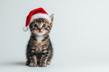Kitten in Santa hat sitting next to a present, surrounded by twinkling lights and ornaments.