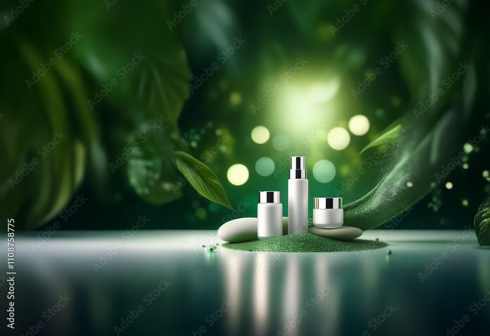Poster elegant skincare set in sleek white and silver packaging, displayed on green sand with smooth stones