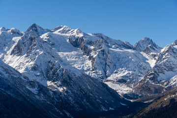 Fototapeta premium Snowy peaks and glaciers cover giant rocks. Pine and spruce forests grow at foot of mountains. which Majestic mountains against blue sky. Sunny day. Autumn 2024. Karachay-Cherkessia. Dombay.