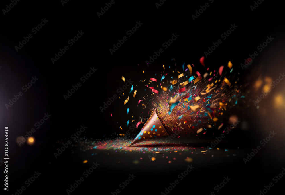 Poster a burst of colorful confetti explodes from a party hat against a dark background. the vibrant colors