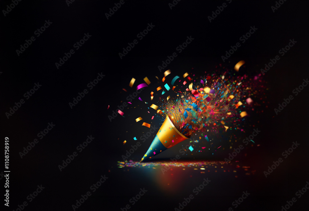 Poster a vibrant party horn explodes with colorful confetti, ribbons, and sparkles against a dark backgroun