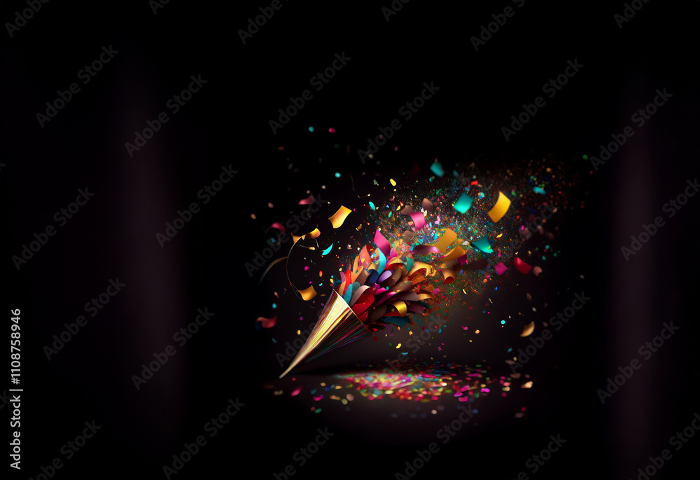 Poster a burst of colorful confetti explodes from a metallic party horn against a dark background. the vibr