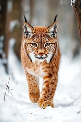 Obraz premium Lynx in winter. Young Eurasian lynx, Lynx lynx, walks in snowy beech forest. Beautiful wild cat in nature. Cute animal with spotted orange fur. Beast of prey in frosty day. Predator in habitat