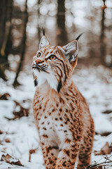 Fototapeta premium Lynx in winter. Young Eurasian lynx, Lynx lynx, walks in snowy beech forest. Beautiful wild cat in nature. Cute animal with spotted orange fur. Beast of prey in frosty day. Predator in habitat