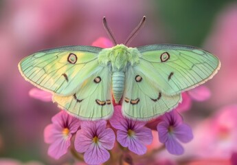Beautiful Green Butterfly Resting on Delicate Pink Flowers in Soft Focus, Showcasing Intricate Wing Patterns and Nature's Vibrant Colors
