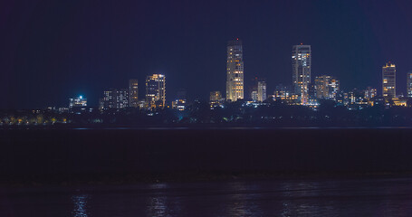Obraz premium Mumbai, India. Evening City Skyline From Marine Drive Time , Time , Time- . Night City Life. Back Bay Coast Of Mumbai City. Skyscrapers In Night Illuminations. Mumbai Night Skyline