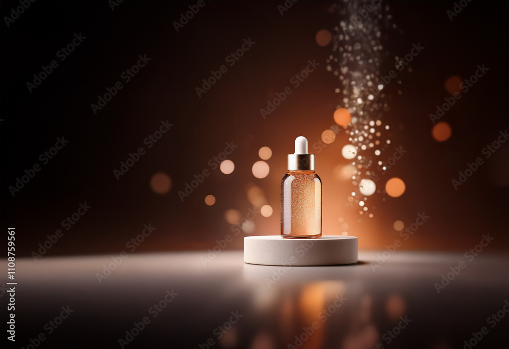 Poster A luxurious amber serum bottle with a gold dropper sits on a minimalist beige pedestal against a bokeh background.  Shimmering particles add a touch of elegance.