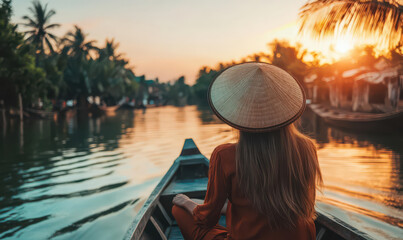 Fototapeta premium Peaceful sunset boat ride woman Vietnam river travel serenity calm journey Asia culture hat ao dai waterway palm trees sunset golden hour peaceful tranquil relaxation escape adventure exploration