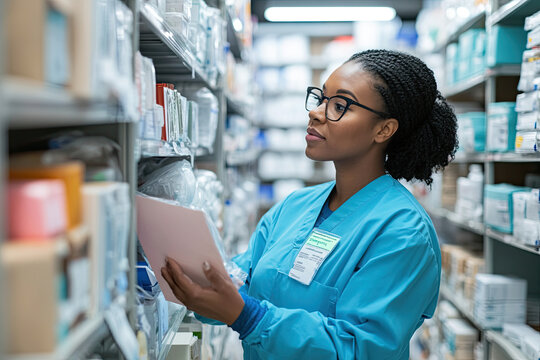 Plus-size healthcare worker checking inventory in a supply room