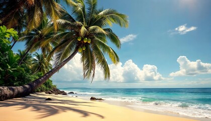 Obraz premium Idyllic Tropical Beach. A Serene Shoreline Framed by Lush Palm Trees and Crystal-Clear Waters Under a Bright Blue Sky