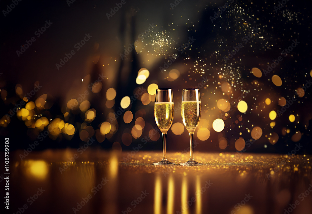Poster Two champagne flutes filled with sparkling wine sit on a glittering surface against a bokeh background of warm golden lights.  Perfect for celebration.