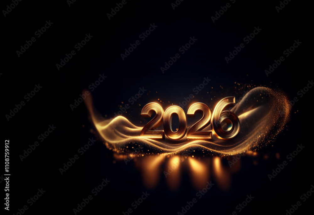 Poster glowing gold 2026 digits rest on shimmering, dark waves of light particles. a luxurious, celebratory