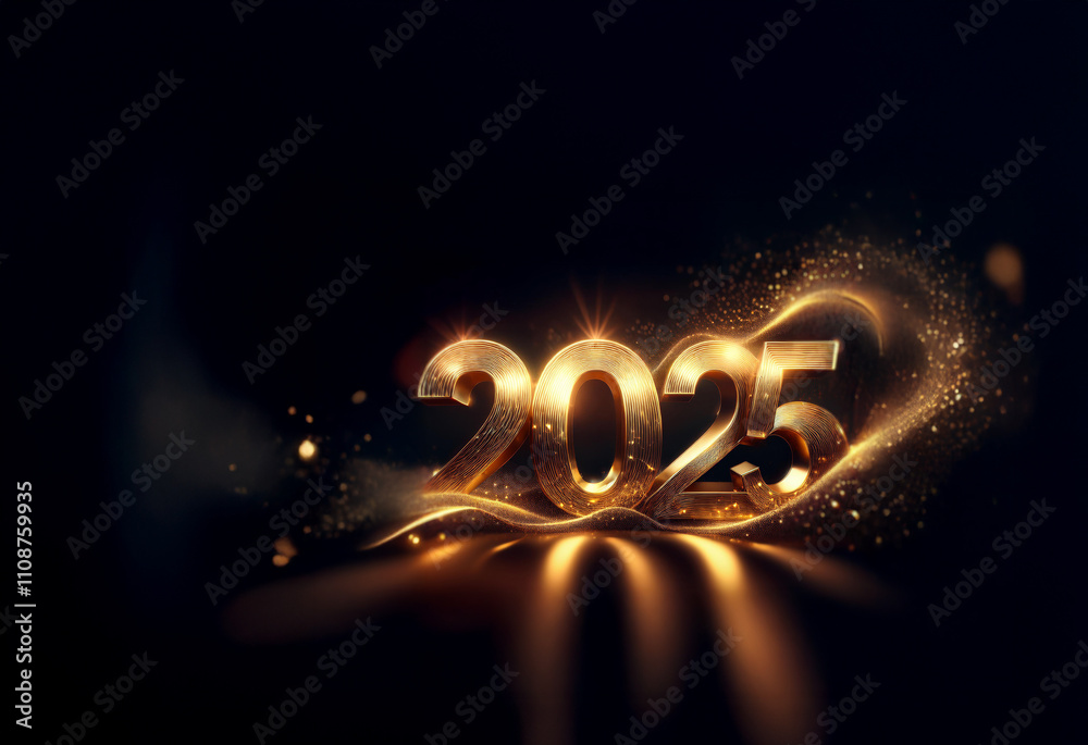 Poster glowing golden 2025 numerals rest on a dark, shimmering surface, surrounded by sparkling dust and li