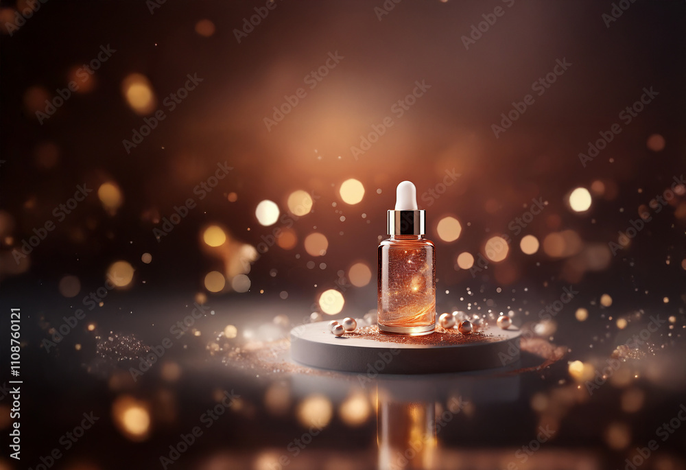 Poster a luxurious amber serum bottle sits on a gray pedestal, surrounded by pearls and shimmering particle