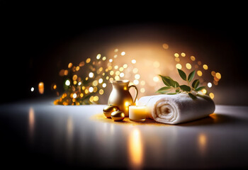 Obraz premium Luxurious spa setting with golden accents. Rolled towel, lit candle, golden pitcher, and decorative ornaments create a serene and relaxing atmosphere. Golden bokeh lights add a festive touch.
