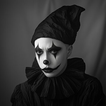 black and white portrait of a pierrot character
