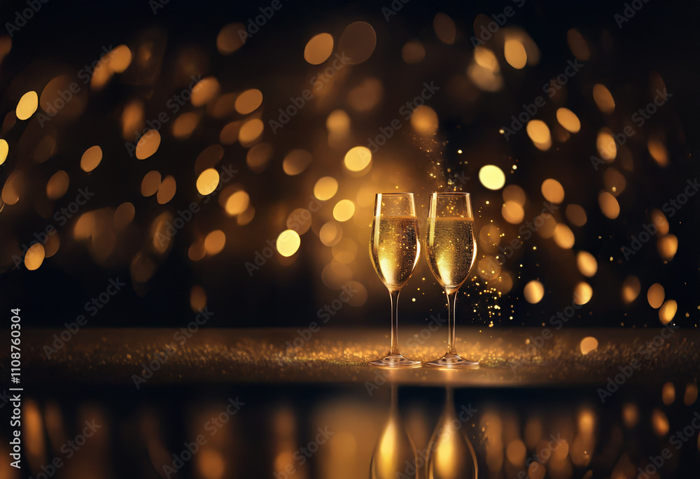 Poster two champagne flutes filled to the brim, sparkle and shine against a bokeh background of warm golden