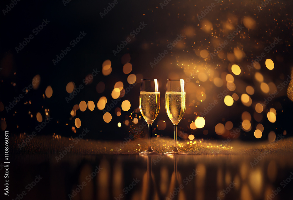 Poster two champagne flutes filled to the brim, stand on a shimmering gold surface against a bokeh backgrou