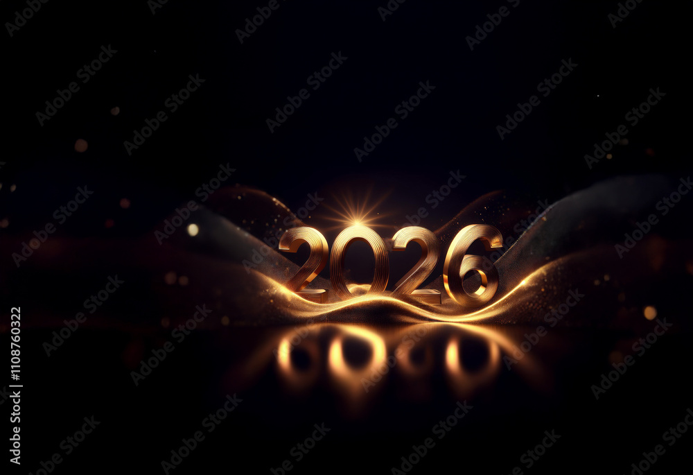 Poster golden 2026 digits shimmer on a dark, wavy surface, illuminated by a radiant glow. a luxurious and c