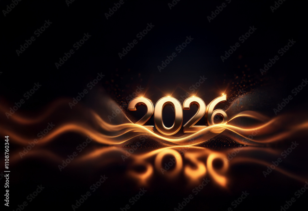 Poster glowing gold 2026 numerals rest on elegant, dark, wavy lines. sparkling particles add a celebratory 