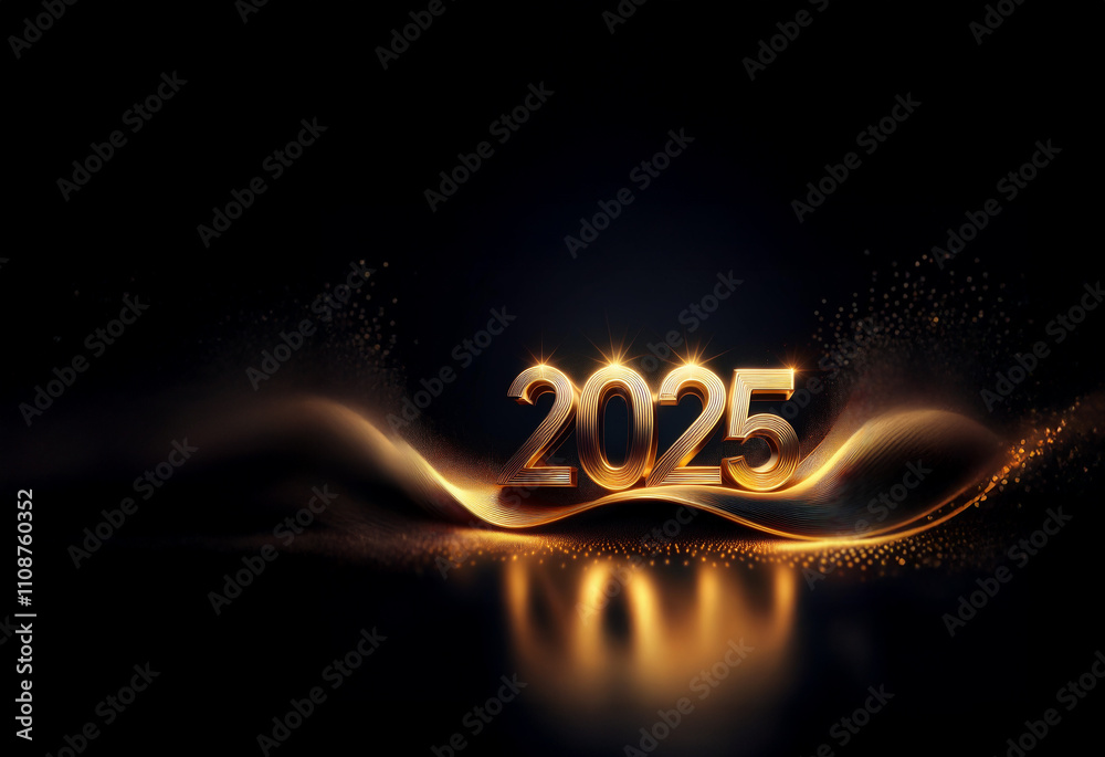 Poster glowing gold 2025 digits rest on a dark, shimmering, wavy surface. sparkling lights and subtle motio
