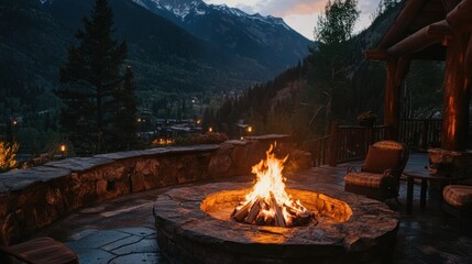 Luxury mountain retreat hotel, open fire pit, panoramic mountain views, cozy ambiance, 