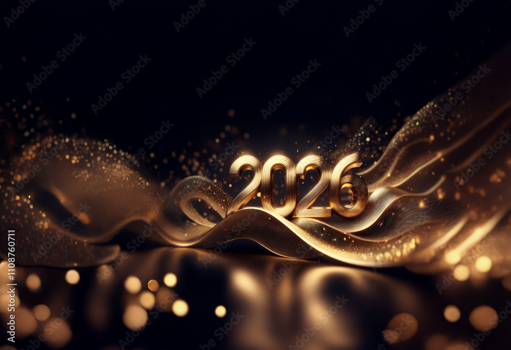 Poster golden 2026 numerals shimmer on elegant, flowing fabric. sparkling dust motes add to the luxurious, 