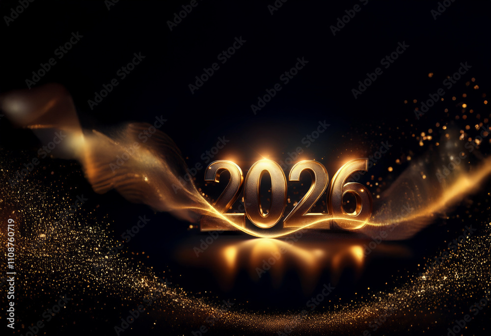 Poster glowing gold 2026 digits on a dark background, accented by shimmering light trails and a reflective 