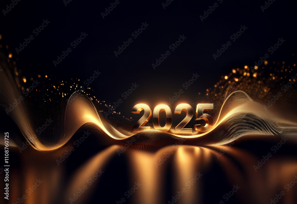 Poster glowing golden 2025 digits rest on elegant, flowing, dark gold waves. sparkling particles add to the