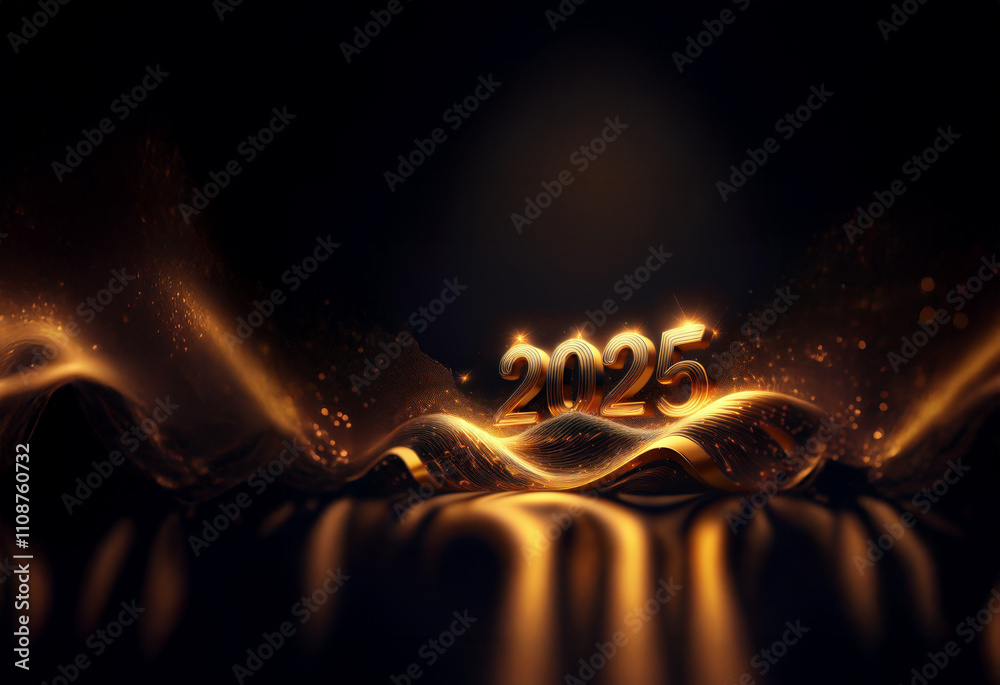 Poster Glowing gold 2025 digits rest on a dark, shimmering wave.  Sparkling particles surround the elegant numerals, suggesting celebration and a new beginning.