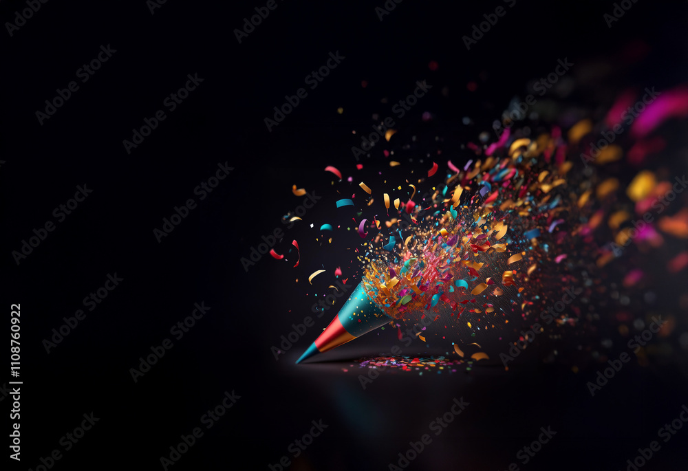 Poster A vibrant burst of colorful confetti and ribbons explodes from a party cone, celebrating a joyous occasion.  The dynamic motion is captured against a dark background.