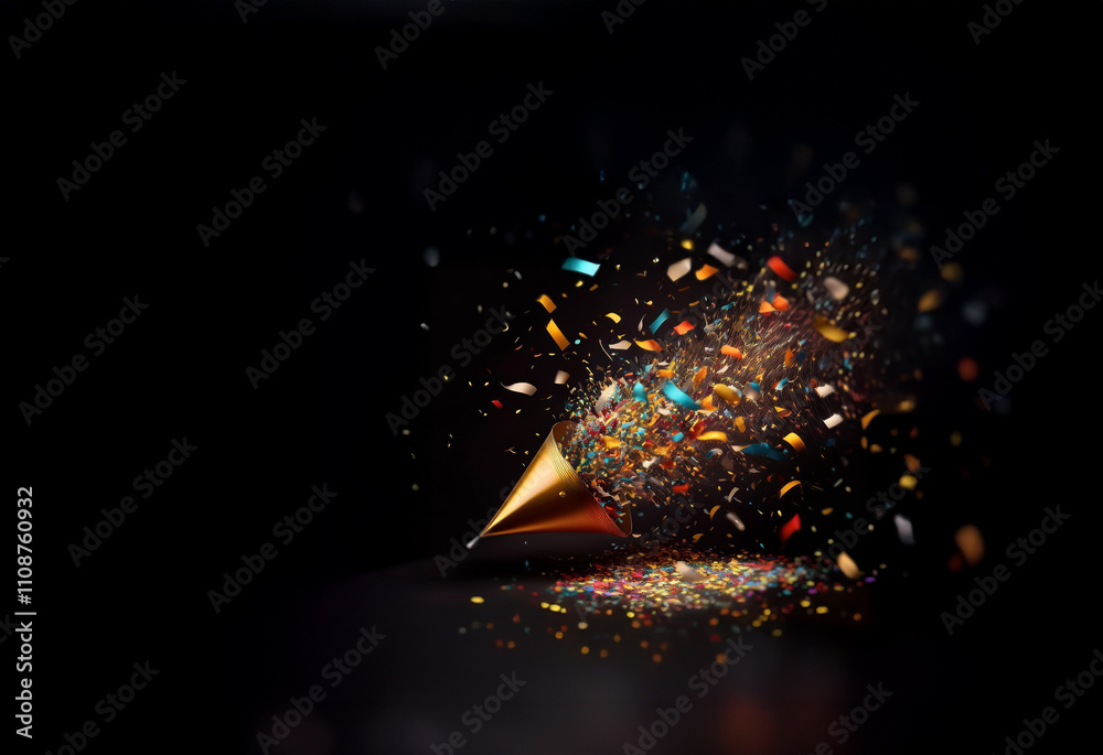 Poster A golden party horn explodes with colorful confetti, creating a vibrant burst against a dark background.  The scene is dynamic and celebratory.