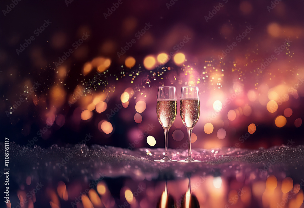 Poster two champagne flutes filled to the brim, stand on a glittering surface against a bokeh backdrop of c