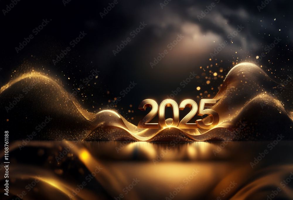 Poster golden 2025 numerals rest on shimmering, flowing fabric. sparkling bokeh adds a celebratory feel to 