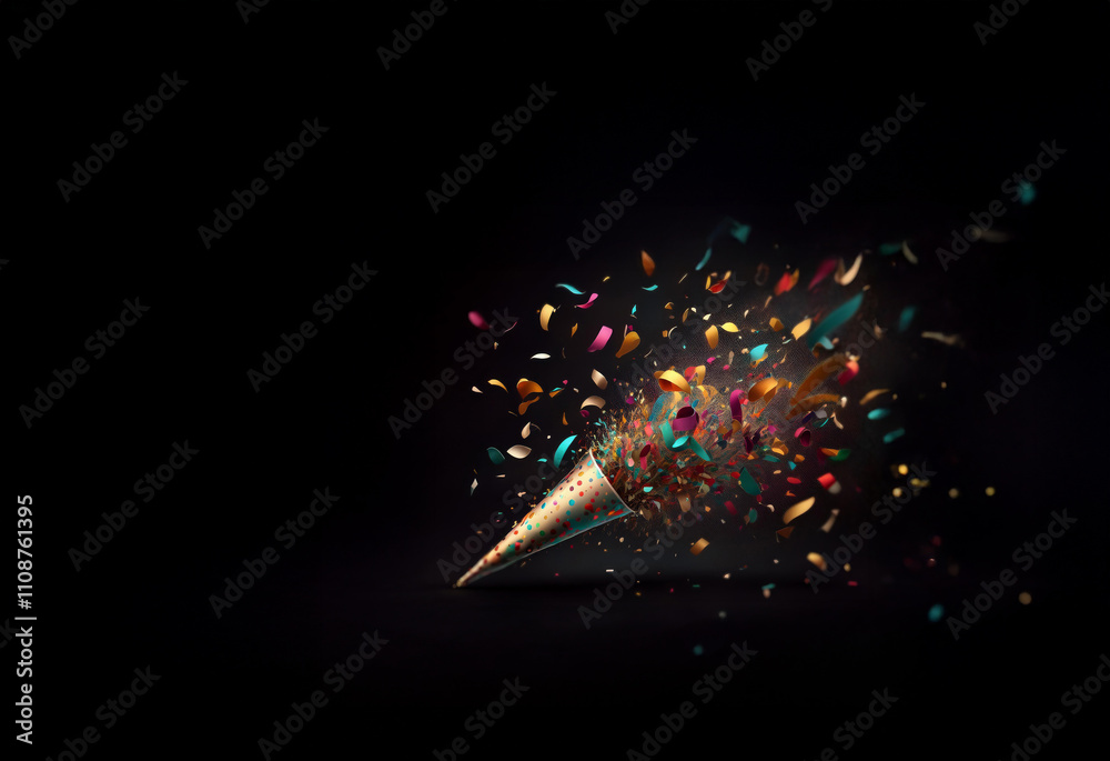 Poster a burst of colorful confetti explodes from a party popper against a dark background. the vibrant col