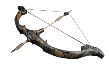 Intricately designed crossbow with ornate details showcasing craftsmanship and history