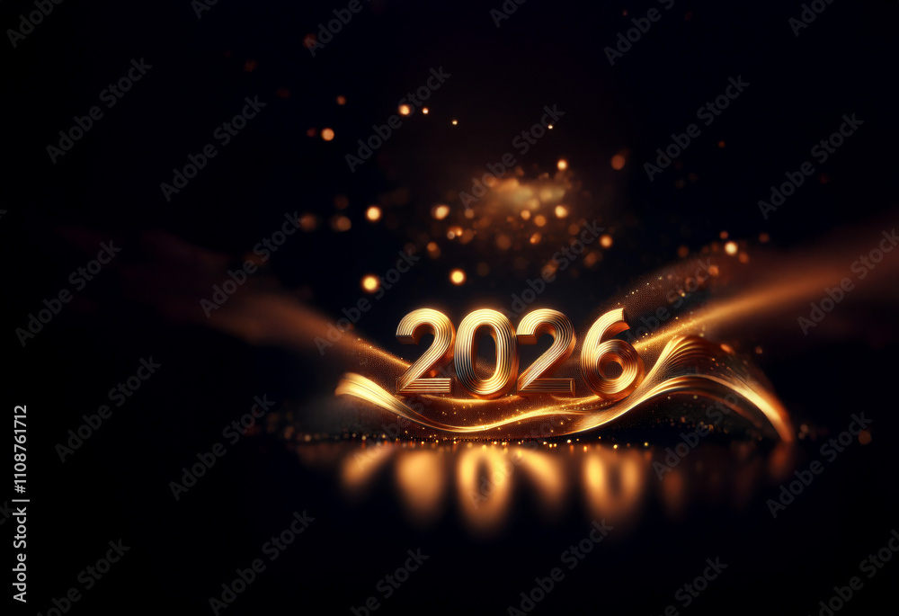 Poster Golden 2026 numerals rest on shimmering, dark waves.  Sparkling lights illuminate the scene, creating a celebratory, luxurious feel perfect for a New Year's greeting.