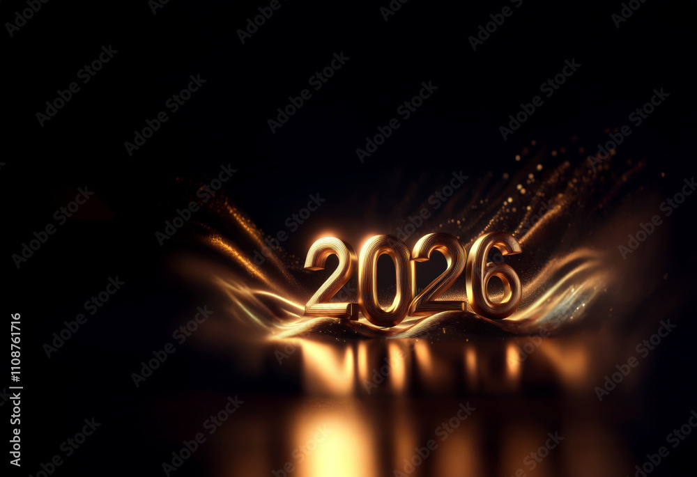Poster gleaming gold 2026 digits rest on a dark, shimmering, wavy surface. sparkling particles surround the