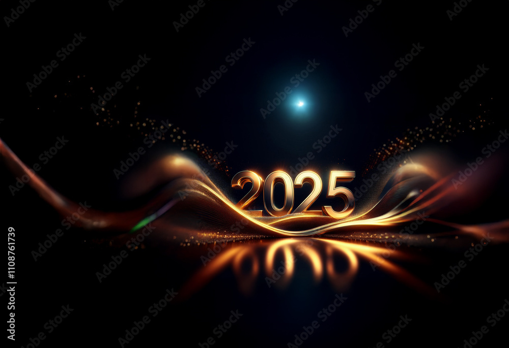 Poster glowing golden 2025 digits rest on shimmering, dark waves. sparkling particles surround the elegant 