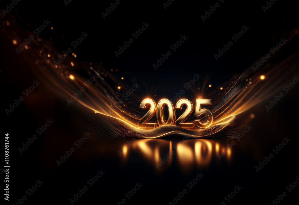 Aufkleber glowing gold 2025 digits rest on a dark, shimmering fabric. sparkling lights and reflections create 