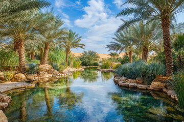 Obraz premium Desert oasis with palm trees and a clear pond surrounded by sand dunes