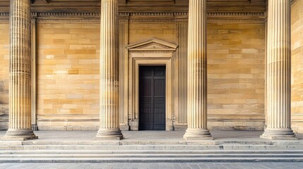 Obraz premium International court facade with grand architecture and flagpoles, symbolizing justice and global cooperation in resolving disputes.
