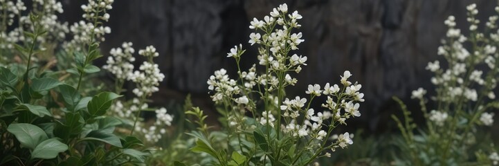 Image of the stems and leaves of Persicara bistorta with small white flowers in a detailed view , plant detail, nature, botanical